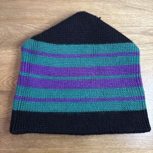 Vtg Wool Beanie Striped Hat Meister 70s Ski Snowboard Blk Purple Grn Small Hole